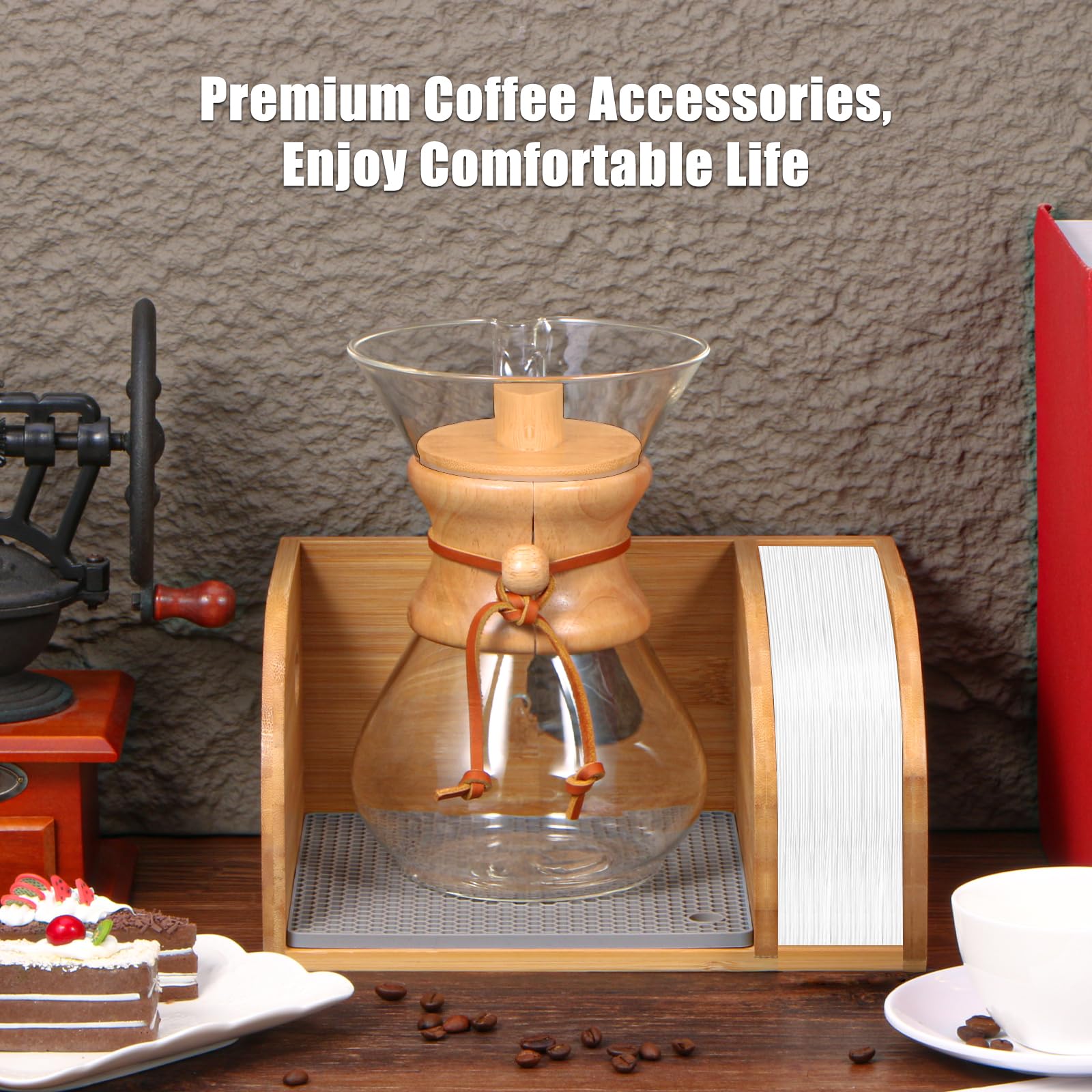 Bamboo Caddy and Lid for Pour Over Coffee Makers, with Heatproof Mat