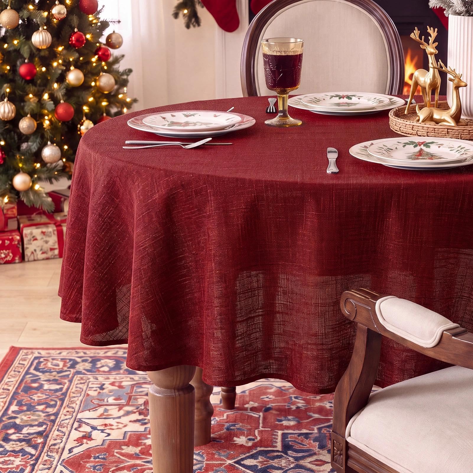 FIBORIA Red Round Table Cloth Faux Linen Christmas Tablecloth 150 cm Wipe Clean Water Resistant Xmas Tablecloths Wipeable Washable Tablecloths for Dining Coffee Kitchen Party Indoor Decor, 59 inch