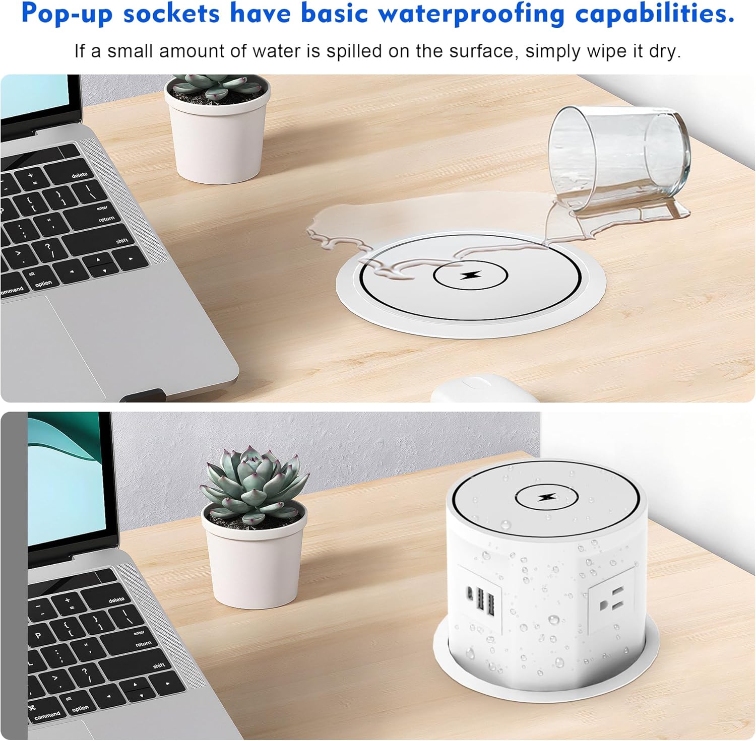 Pop Up Outlet for Countertop with 15w Wireless Charger, 4.7-Inch Pop Up Outlet with 4 Outlets and 2 USB-A, 1 USB-C, Pop Up Power Outlet for Kitchen Countertop, Conference Room, Study Room (White)