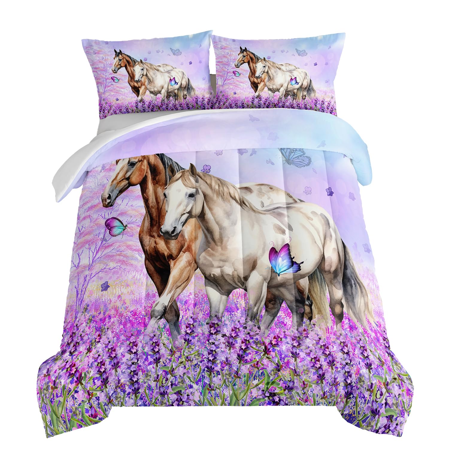 HOSIMA Farm Animal Bedding Set Horse Comforter, Butterfly Lilac Floral Tween Bedding Sets for Girls, Couple Room Decor Aesthetic Chic Full Size With 2 Pillowcases
