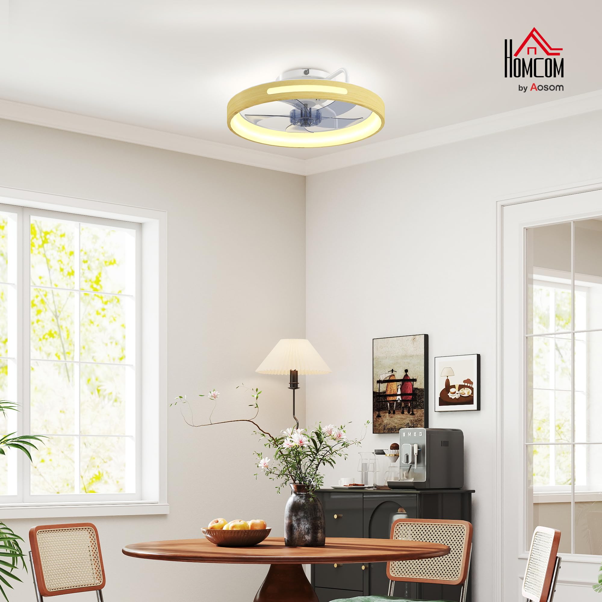 HOMCOM Deckenleuchte mit Ventilator, Ø49 cm Leise LED Deckenventilator mit Beleuchtung, Fernbedienung, 6 Geschwindigkeiten, 3 Farbtemperaturen, umkehrbarem DC-Motor, Timer für Wohnzimmer, Schlafzimmer
