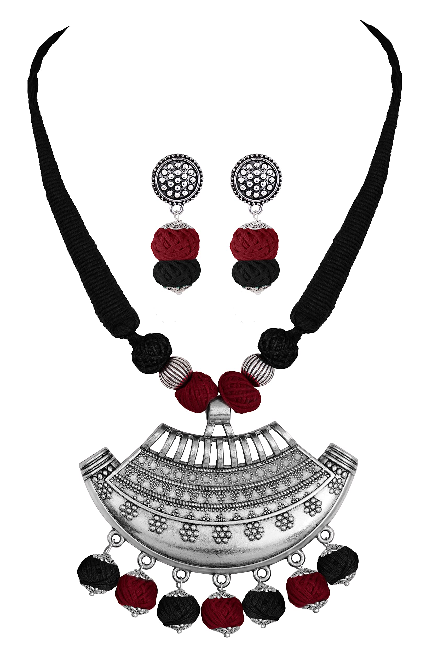 JFL - Jewellery for Less German Oxidised Silver Tribal Chandra Titri Pendant with Cotton Balls Handcrafted Necklace Set with Adjustable Thread for Women & Girls,Valentine (B0BQ7FZJH1) Amazon Price History, Amazon Price Tracker