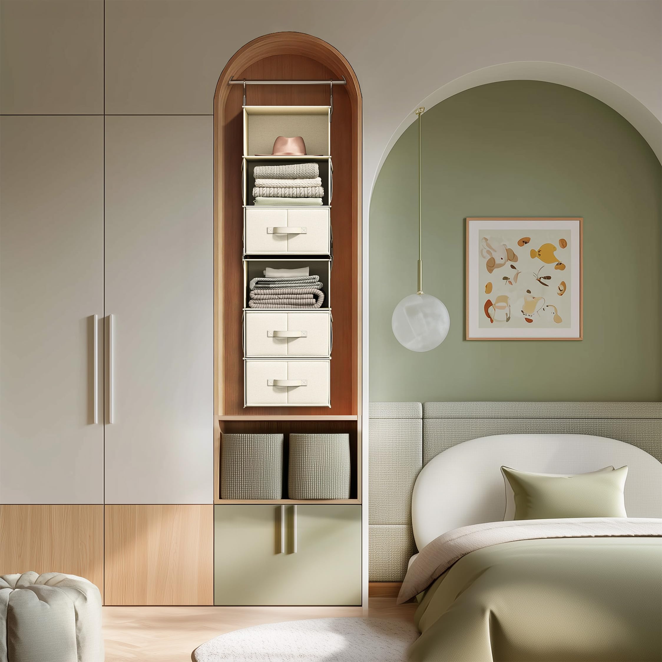 Vailando Organizador de armario colgante de 6 estantes, 2 estantes colgantes separables de 3 estantes con 3 cajones para armario, guardería, organización y almacenamiento de ropa de bebé, color beige
