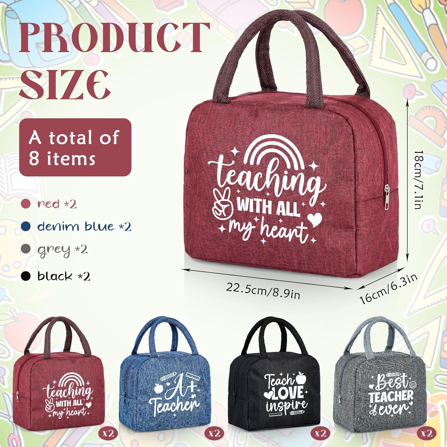 clothmile 8 Pcs Teacher Appreciation Gifts Reusable Teacher Insulated Lunch Bags for Women Coworker Thank You Waterproof Lunch Totes for Classroom Office End of Year Graduation
