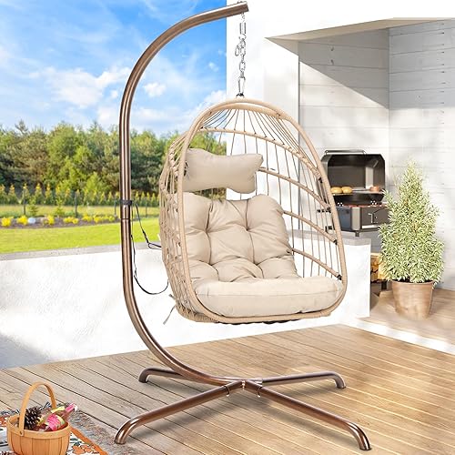 RADIATA Outdoor Swing Egg Chair with Stand, 350Lbs Heavy-Duty Wicker Egg Hanging Patio Chairs for Outside, Comfy Porch Swinging Chair with Thick Cushion Balcony Backyard Bedroom Indoor, Beige