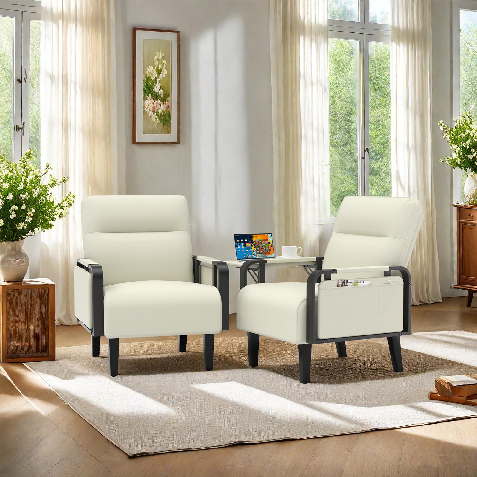 modern accent chairs set of 2, mid century armchair with side table & wood legs,upholstered faux leather sofa side chairs for living room, reading, office,bedroom(beige)