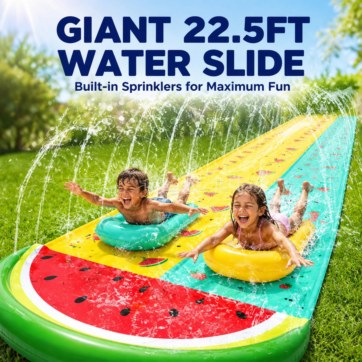 Riesige Wasserrutsche | 22,5 Fuß / 685,5 cm Heavy Duty Rasen Wasserrutsche mit eingebautem Sprinkler und 2 Rutsch aufblasbare Bretter für Party im Sommer Garten Rasen im Freien (HT-01)