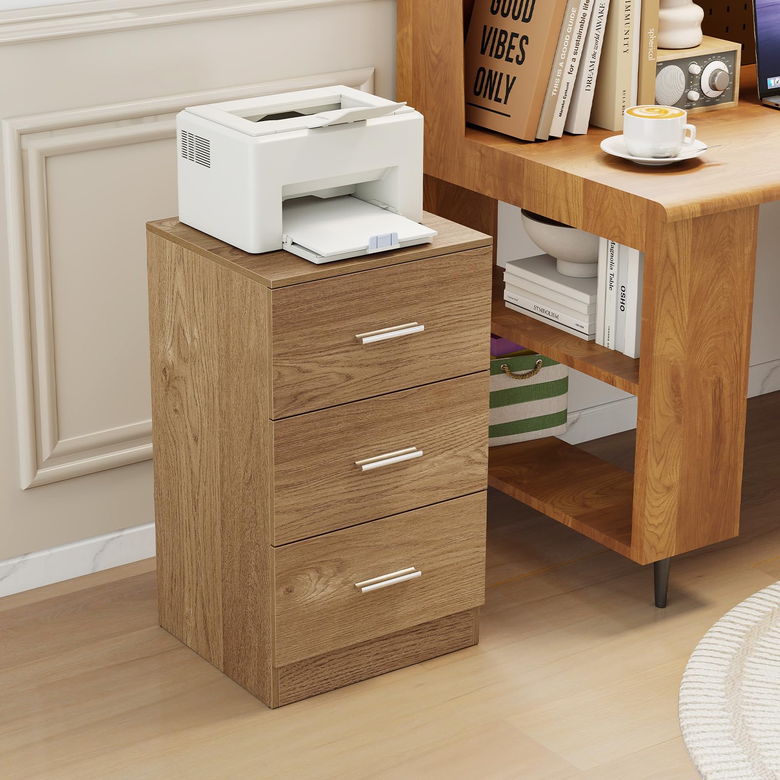 COSTWAY Caisson Bureau Bois 3 Tiroirs pour Feuilles A4, Lettre,Dossiers et Documents, Commode Tiroir Rangement pour Bureau, Chambre, 37 x 34 x 66,5 CM(Lot de 1,Naturel)