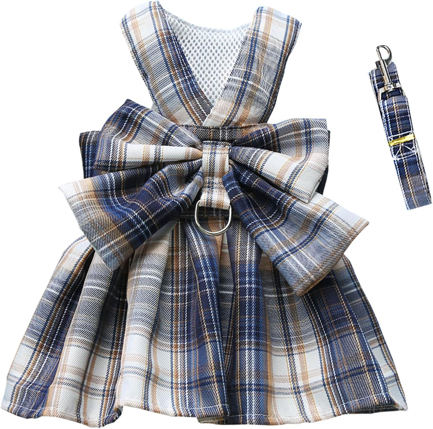 Dog Dresses Puppy Bowknot Luxury Princess Plaid Skirt Summer Outfits Clothes Harness and Leash Tutu Skirt Cute Doggie Dress for Small Dog Girl White Blue XXL