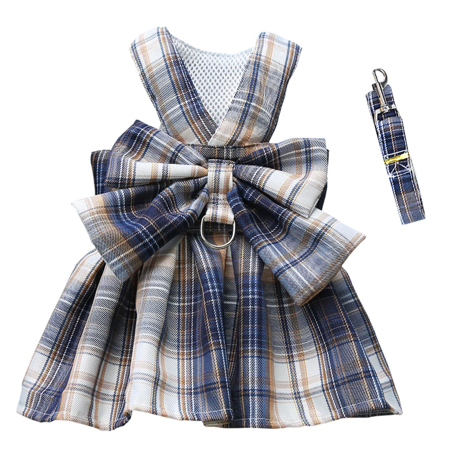 Dog Dresses Puppy Bowknot Luxury Princess Plaid Skirt Summer Outfits Clothes Harness and Leash Tutu Skirt Cute Doggie Dress for Small Dog Girl White Blue XXL