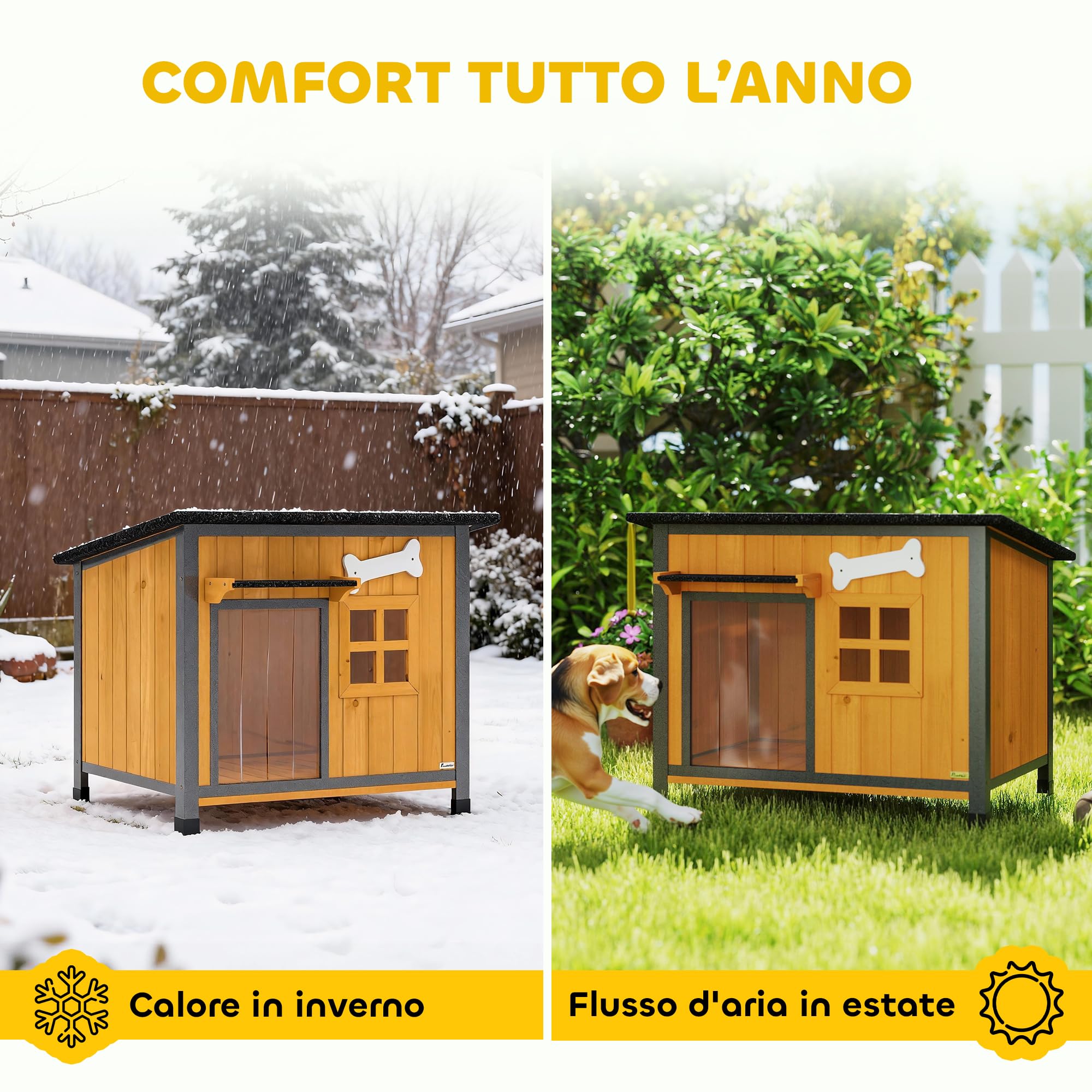 PawHut Cuccia per Cani da Esterno in Legno e Acciaio Anti-Morso, Casetta per Cani Rialzato con Tetto Spiovente Apribile e Impermeabile, Pavimento Rimovibile, Tenda per Porta, Tettoia, 84.5x62x65 cm