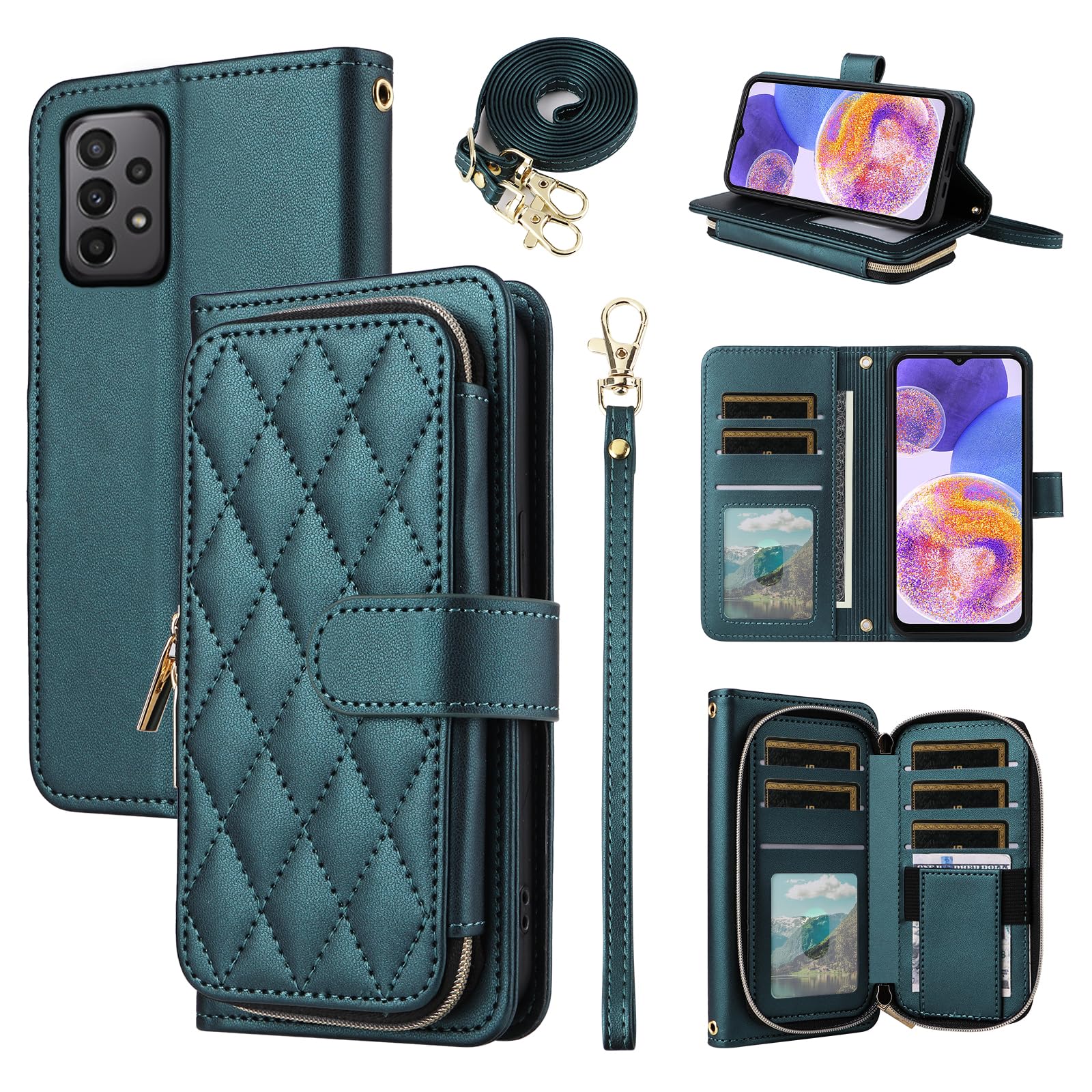 Furiet Wallet Case for Samsung Galaxy A23 5G/4G with Detachable Wrist Strap, 9+ Card Slots Zipper Purse, Luxury PU Leather Stand Full Body Accessories