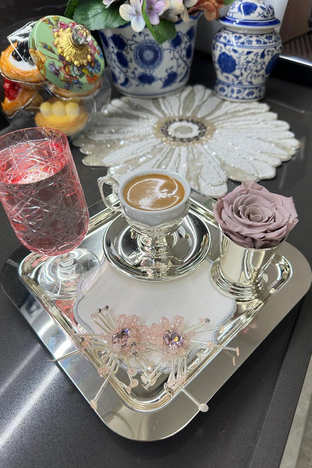Cocktail Napkins Set of 2 Pink Fabric Square Napkins with Stone and Sequin Embellishments for Parties, Weddings, and Special Occasions - One Size