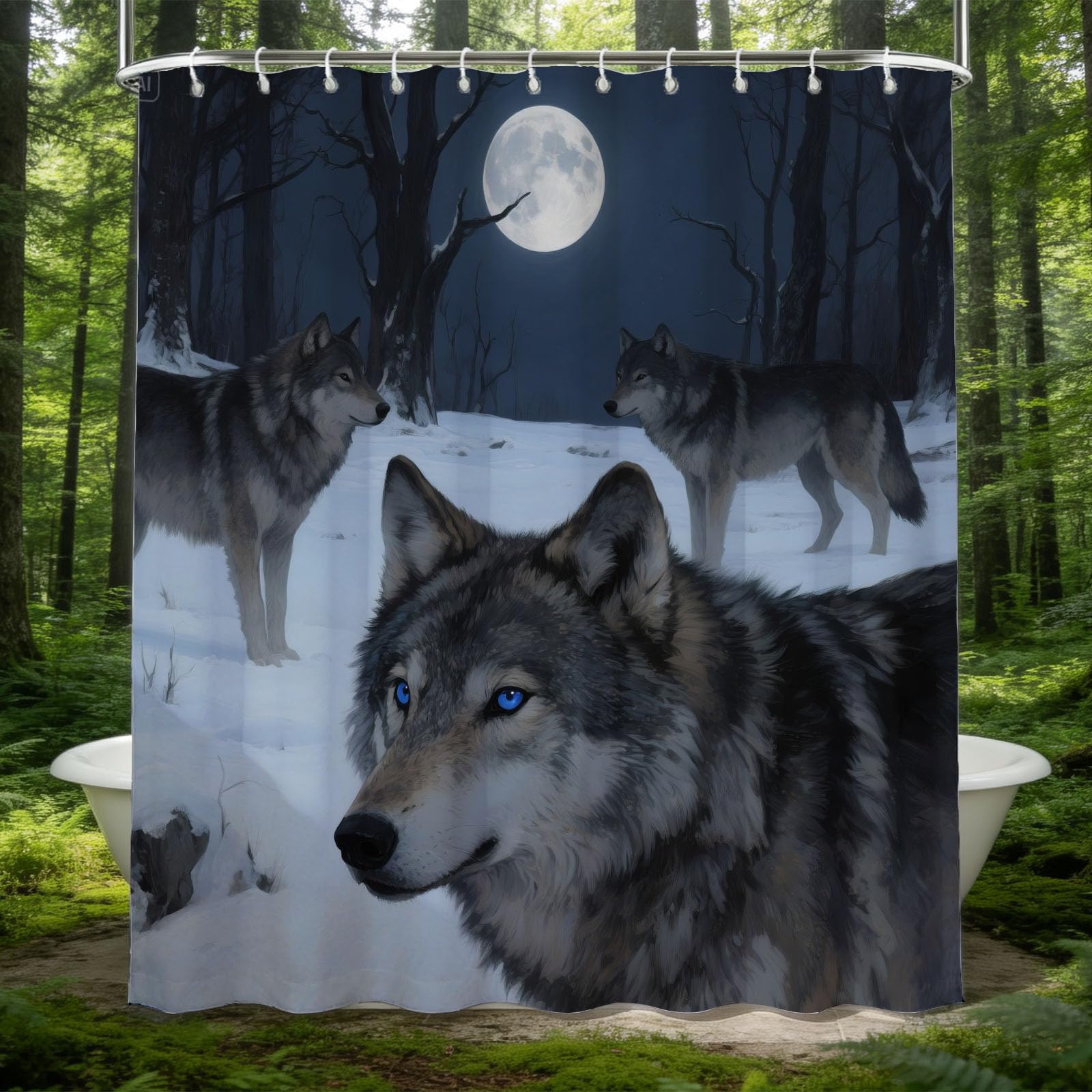 Hongduo 3D Forest Wolf Shower Curtain for Stalls Bathtubs Wolf Pattern Bathroom Decor Shower Curtain Set Polyester Fabric Waterproof 180x200cm/71X79 Inch with Hooks
