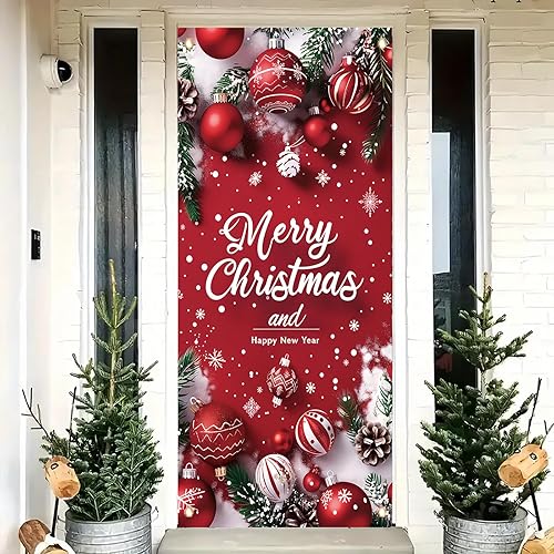 Cartel de puerta de Feliz Navidad de 35 x 71 pulgadas, cubierta roja de puerta delantera de Navidad con copos de nieve y letras para Navidad,