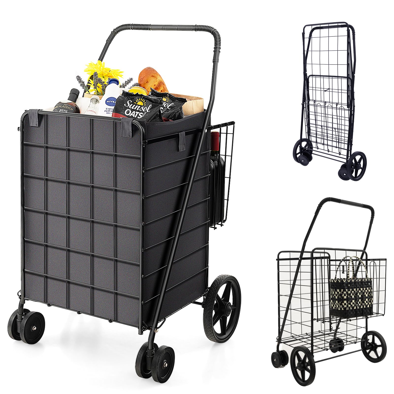 COSTWAYCarro Plegable con 2 Cestas, Compra 4 Cuedas, Forro Oxford Impermeable, 120 L, Metal, Asa Antideslizante, Soporta hasta 40 kg para Supermercado