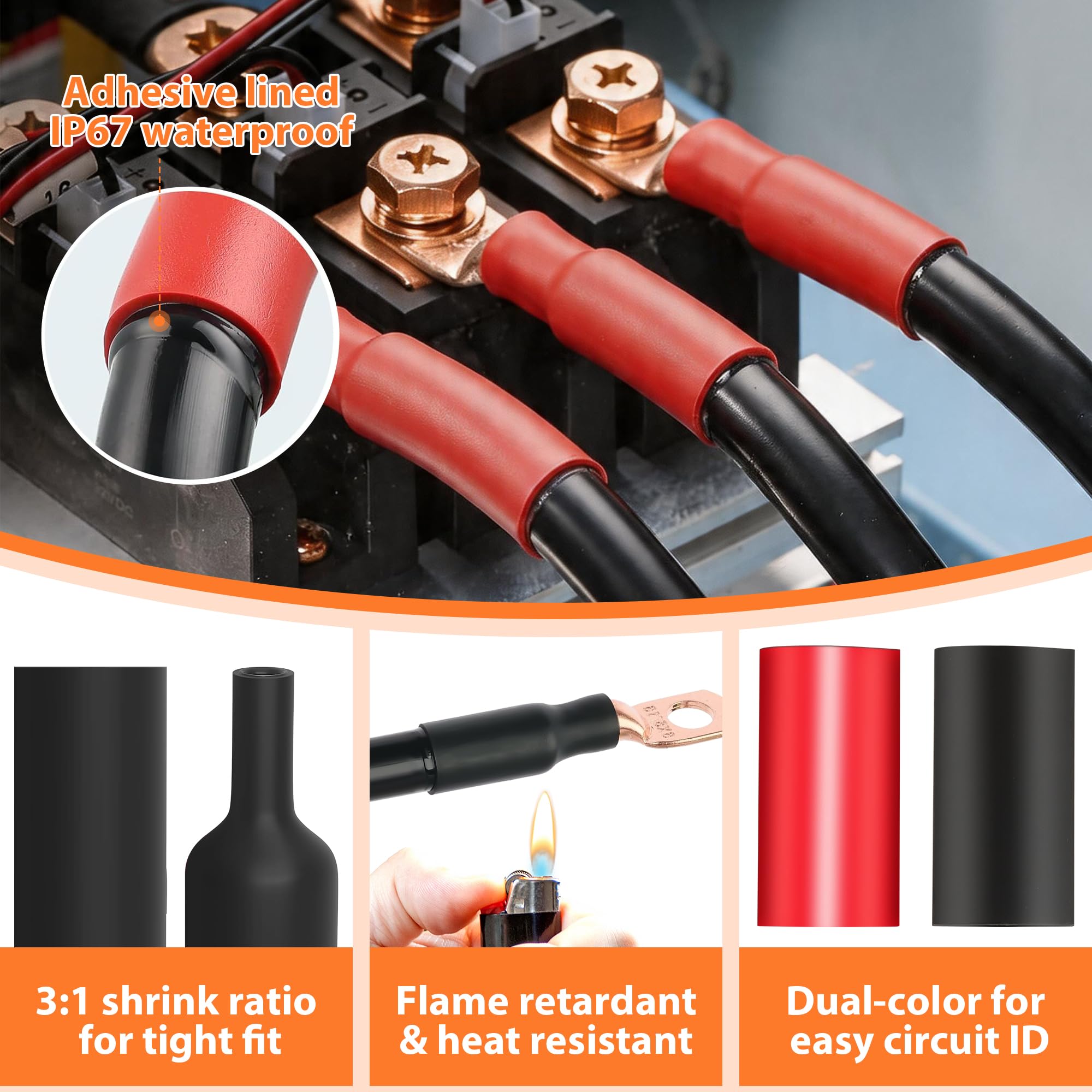Kuject 220 extremos de cable de batería AWG 1, 2, 4, 6, 8, 1/0, 2/0, 110 terminales de cobre resistentes, surtido de conectores de terminales de cable de batería con 110 tubos termorretráctiles 3:1