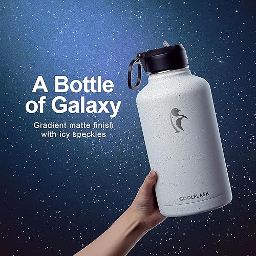 Miniatura 2 de Coolflask - Botella de agua de 64 onzas, aislada, con popote y 3 tapas, con diseño Galaxy, de acero inoxidable al vacío, mantiene las bebidas frías