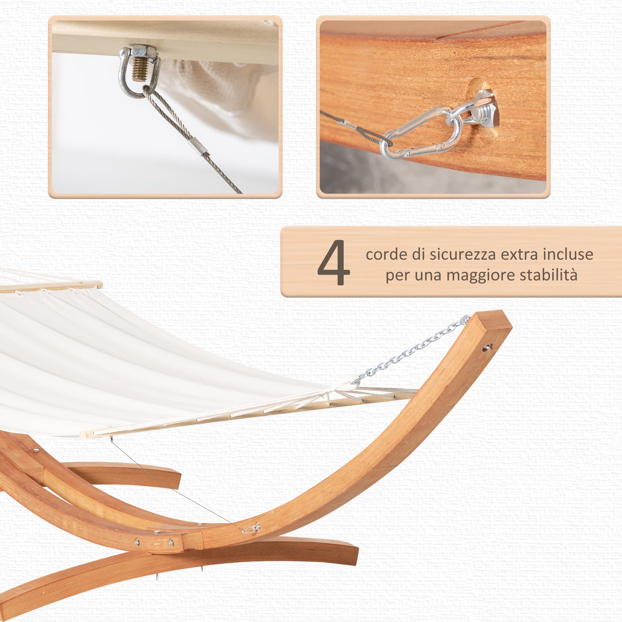 Outsunny Amaca con Supporto in Legno e Cotone, Amaca da Giardino per altri Spazi Esterni, 392x120x102cm, Bianca