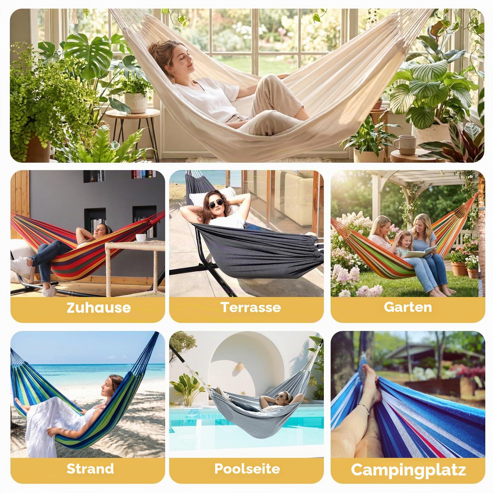 ANYOO Hängematte Outdoor Baumwolle Bequemer Stoff mit Baumfreundlichen Gurten zum Aufhängen, Robuste Tragbare Hängematte mit Reisetasche für Garten, Indoor, Balkon, Terrasse, Camping