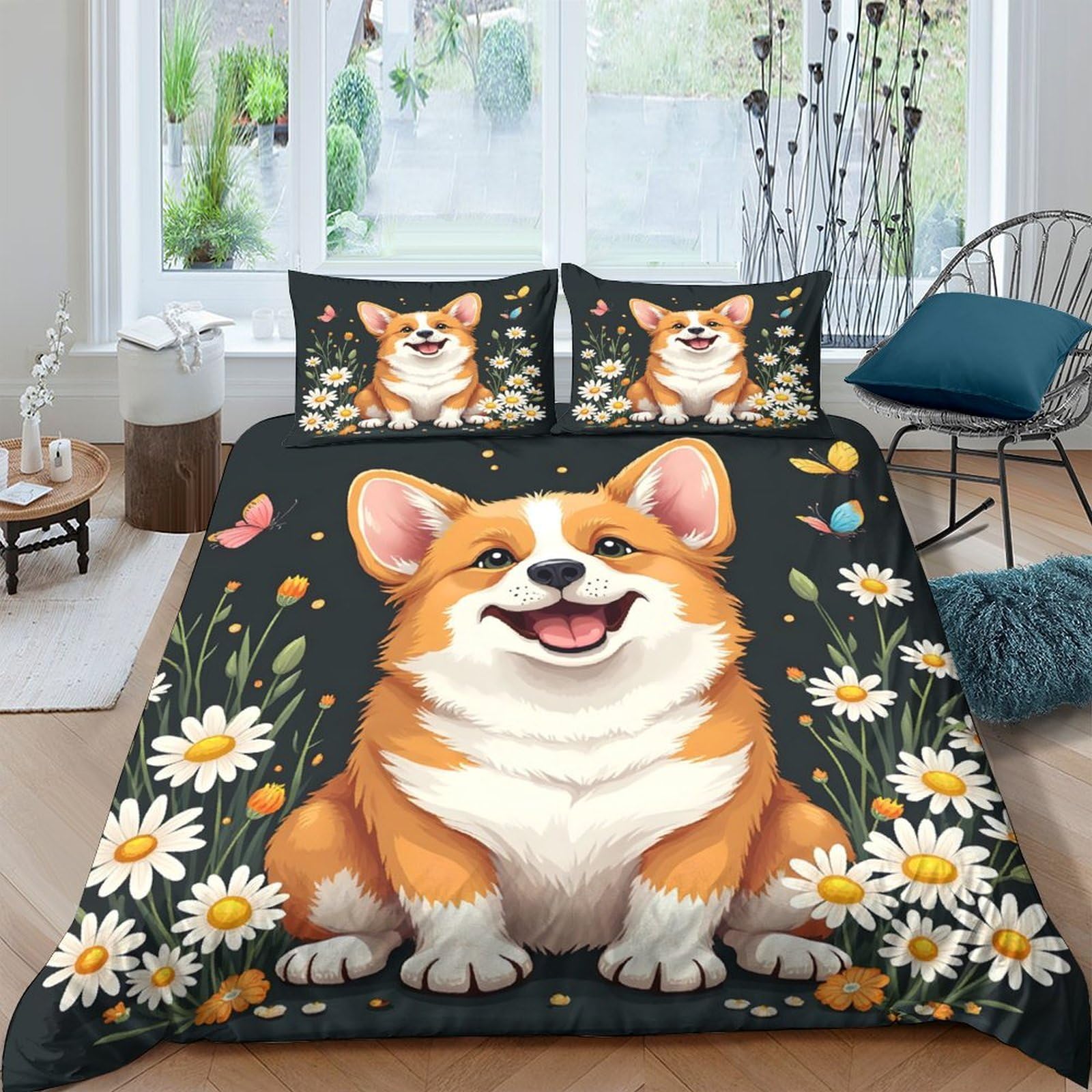 Ctjqhvkz Style-10 3D Printed Corgi Flower Fitted Sheet Microfiber Soft Breathable Daisy Dog Mattress Cover For Bedroom Dorm Decor Single（135X200cm）