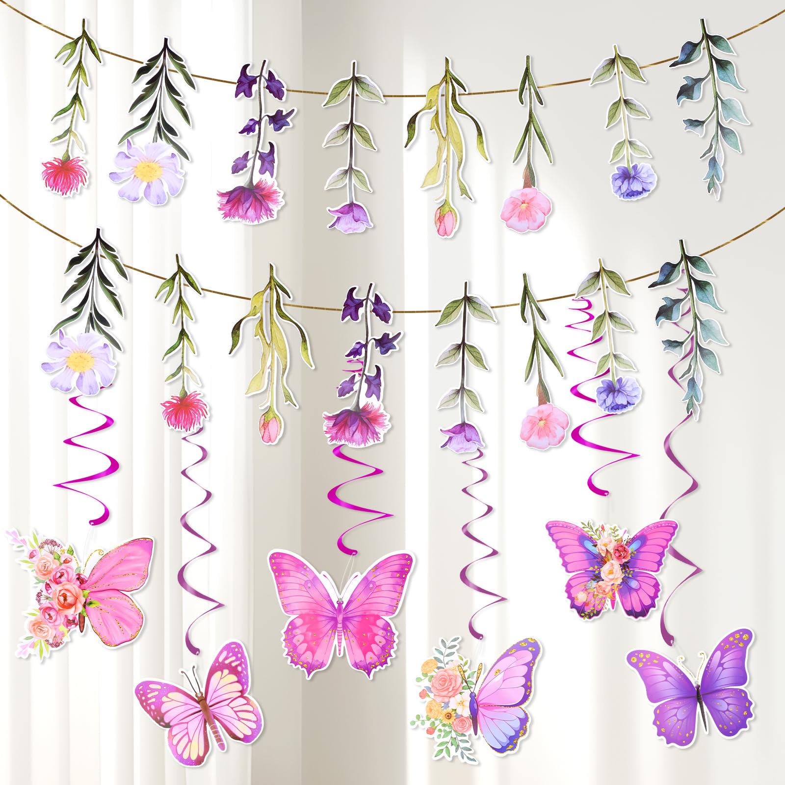 Flower Paper Garland, Wildflower Party Banner with Butterfly Bunting Set, Spring Summer Garden Decor Banner, Floral Hanging Decoration for Wedding Baby Shower Birthday Indoor Outdoor Backdrop (Purple)
