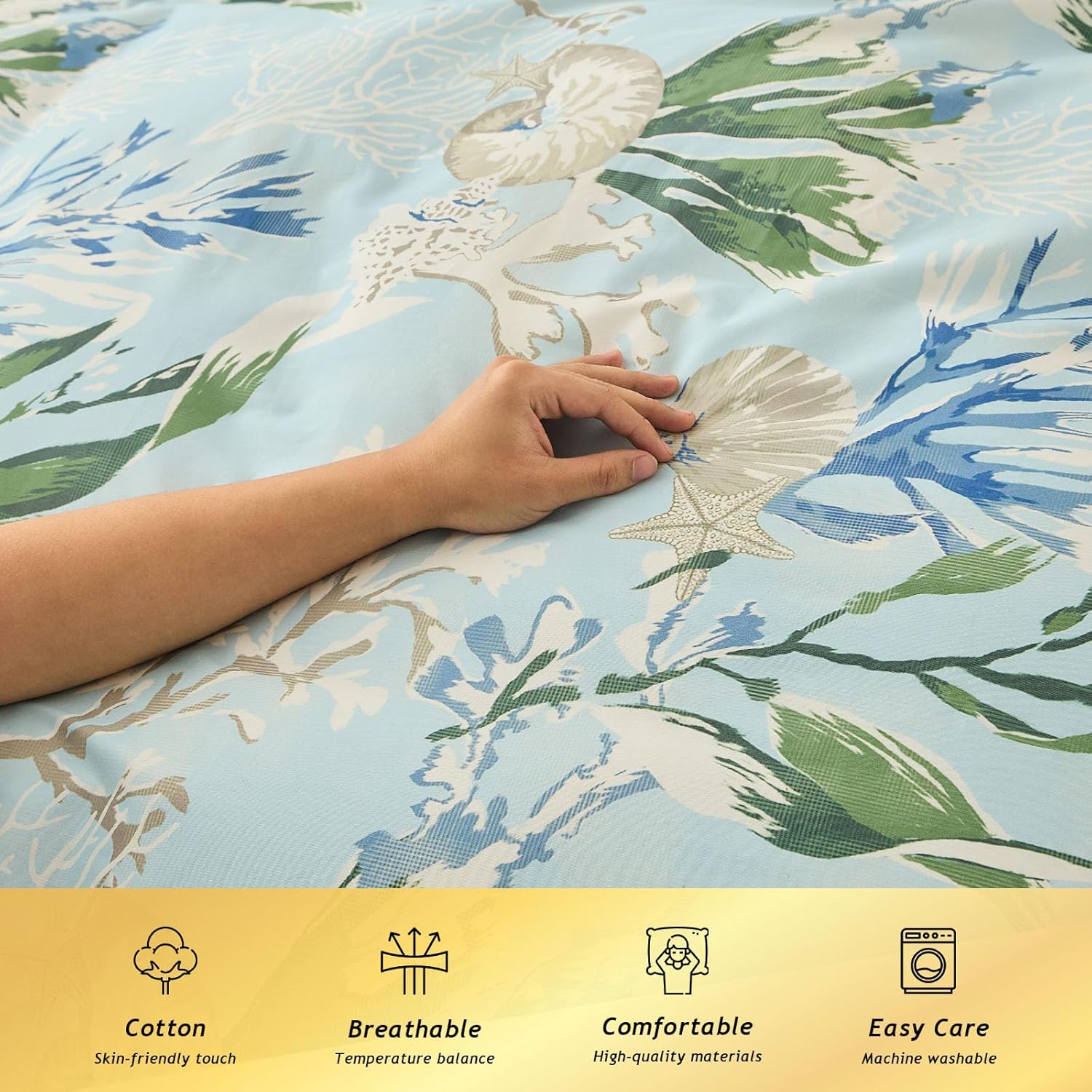 kingrest 100% Cotton Queen Duvet Cover Set - 3 Piece Soft & Breathable Bedding Set, Lightweight Comforter Cover with Zipper Closure, 16" Deep Pocket,(Blue Leaves)