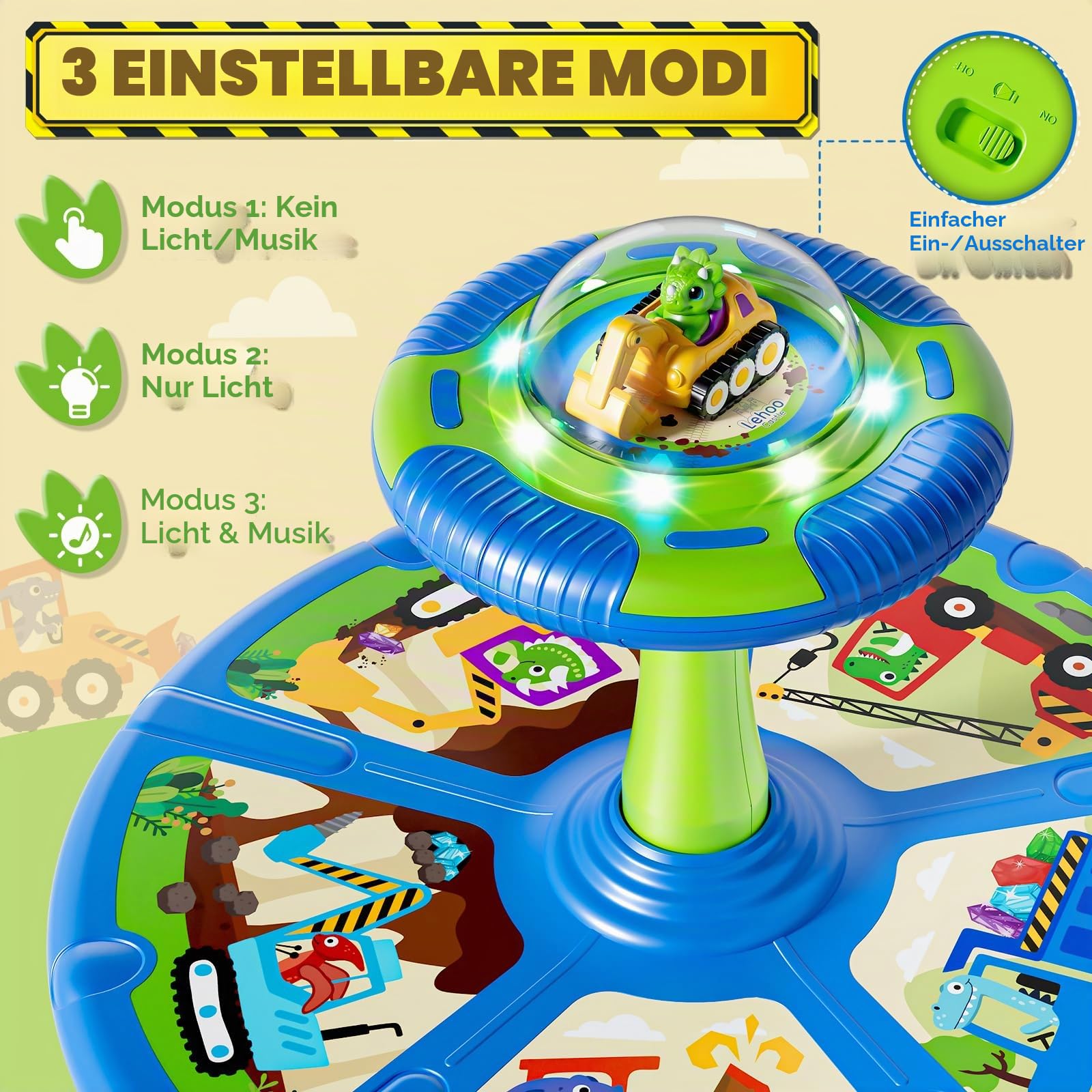 Lehoo Castle Dino Drehsitz Spielzeug Kinder, mit Licht & Musik | 360° Drehung, 3 Modi mit Licht & Sound, belastbar bis 59 kg, für drinnen & draußen, für Kleinkinder 1-6 Jahre