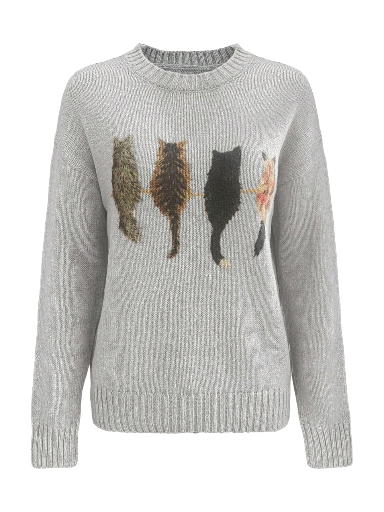 Floerns Womens Graphic Sweater Cat Print Crew Neck Long Sleeve Knitted Casual Fall Pullover Tops