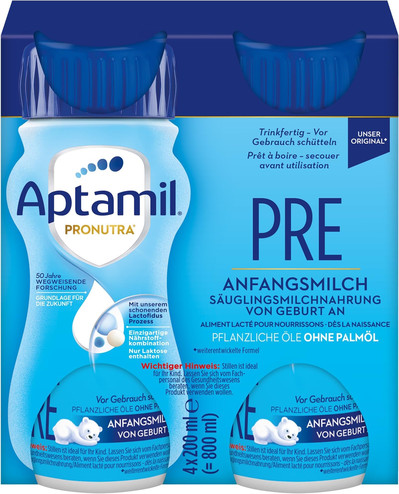 Aptamil Pronutra Pre – Anfangsmilch von Geburt an – Mit pflanzlichen Ölen ohne Palmöl – 6 x 4 x 200 ml (Packung mit 6)