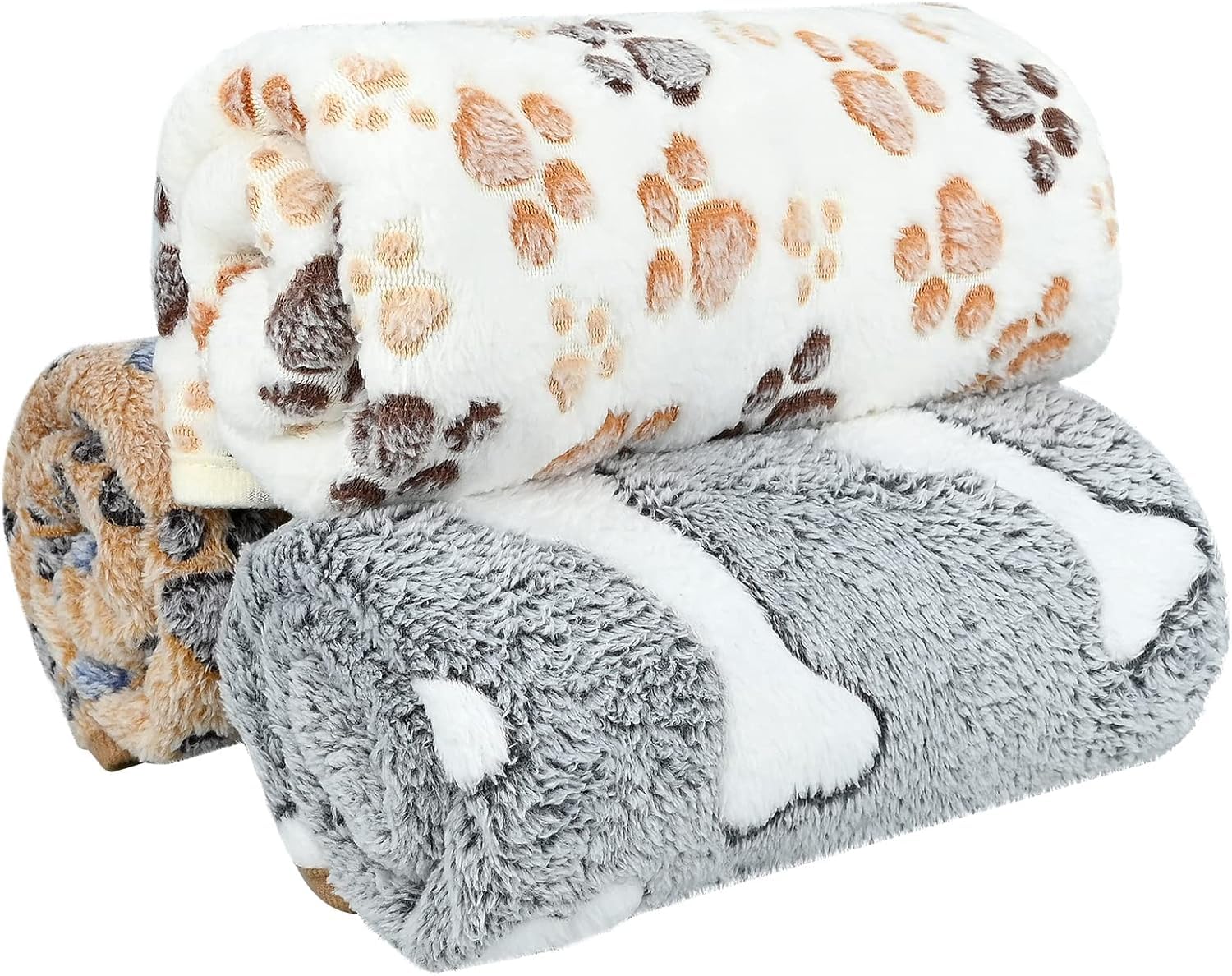 Pokeair White, Gray, Brown 3 Pcs M Pet Soft Dog Blankets Washable, Puppy Blankets, 60X40cm, Paw Bone Print Pet Throw, Warm Sleep Mat, Pets Cover Blanket, Fluffy Fleece Blanket, Fleece Blanket For Small Medium Large Dog Cat