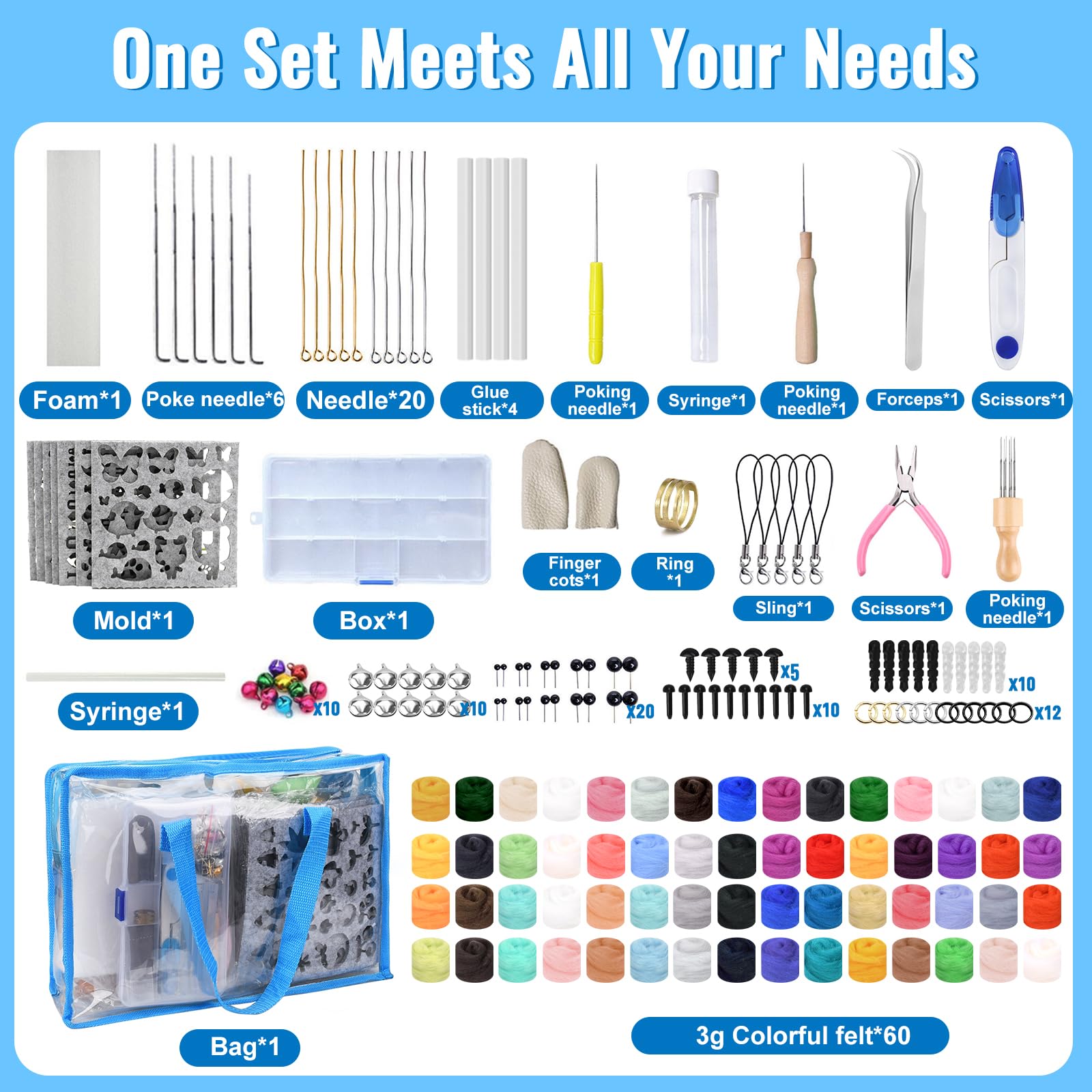 TAVADA Kit de Fieltro de Lana - 60 Colores, Herramientas de Inicio para Manualidades Creativas y Bricolaje Hechos a Mano