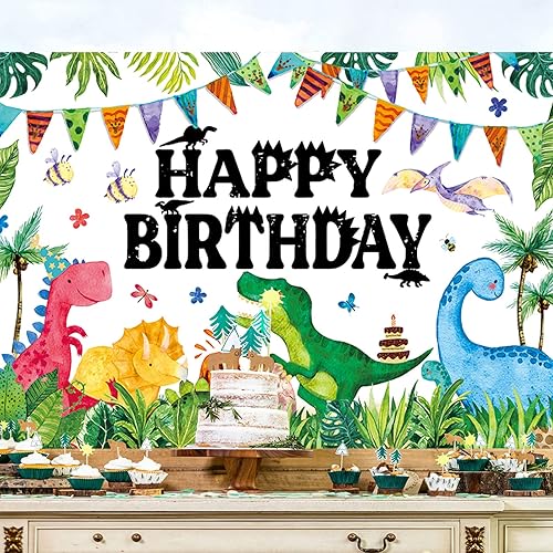 Miniatura 8 de Cartel de cumpleaños de dinosaurio para niños, telón de fondo de dinosaurios, dibujos animados, dinosaurios, decoración de fiesta de cumpleaños,