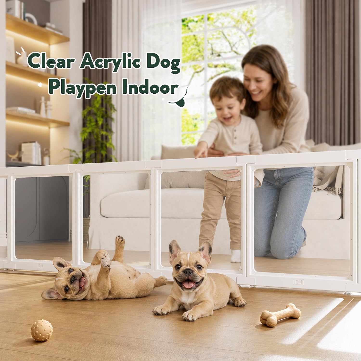 Clear Acrylic Indoor Dog Playpen, Puppy Playpen DIY Indoor Pet Exercise Pen with Door, Transparent Puppy Whelping Box Fence for Puppies & Small Dogs, 12-Panel, 24-Inch, White