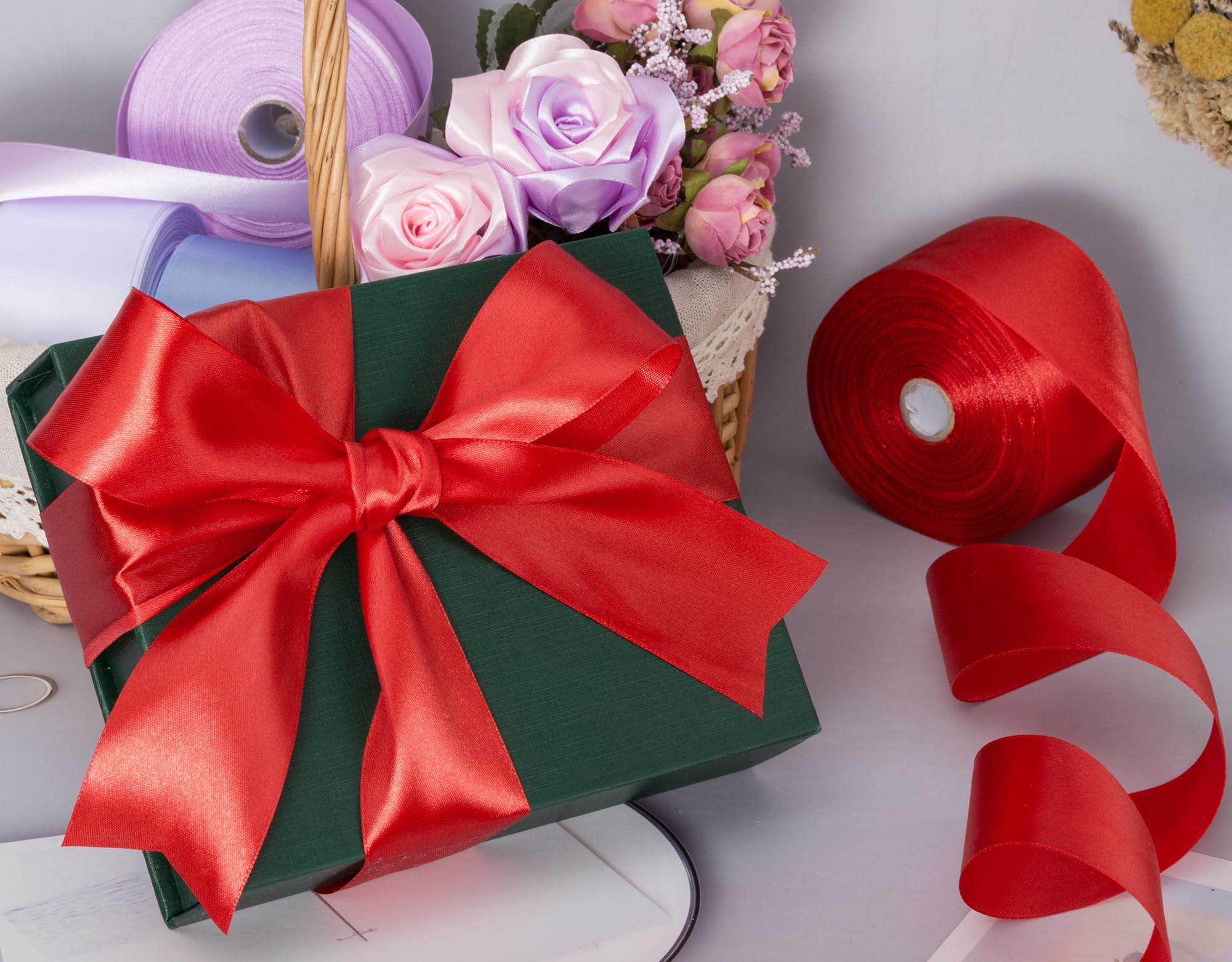 YASEO Nastro di raso rosso a tinta unita, 50 m, per confezioni regalo, bouquet floreali, decorazioni per feste di nozze