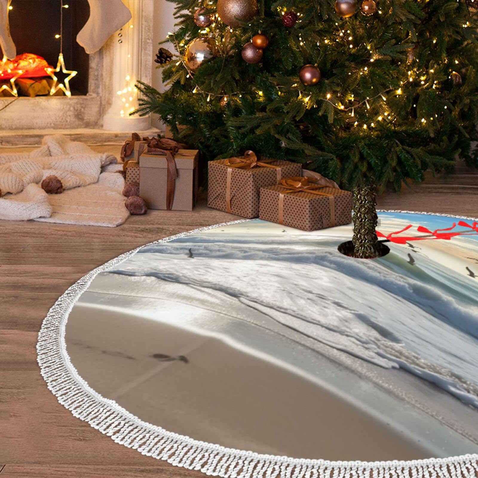 Jupe de sapin peluche 122 cm design oiseaux et vagues élégant