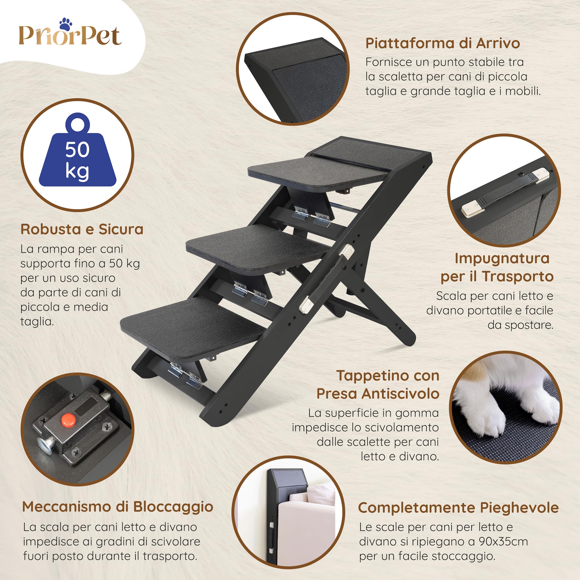 Scale per Cane 2 in 1 con Rampa Altezza Regolabile 18-50 cm Pet Gradini Piccoli Facile da Spostare Nero