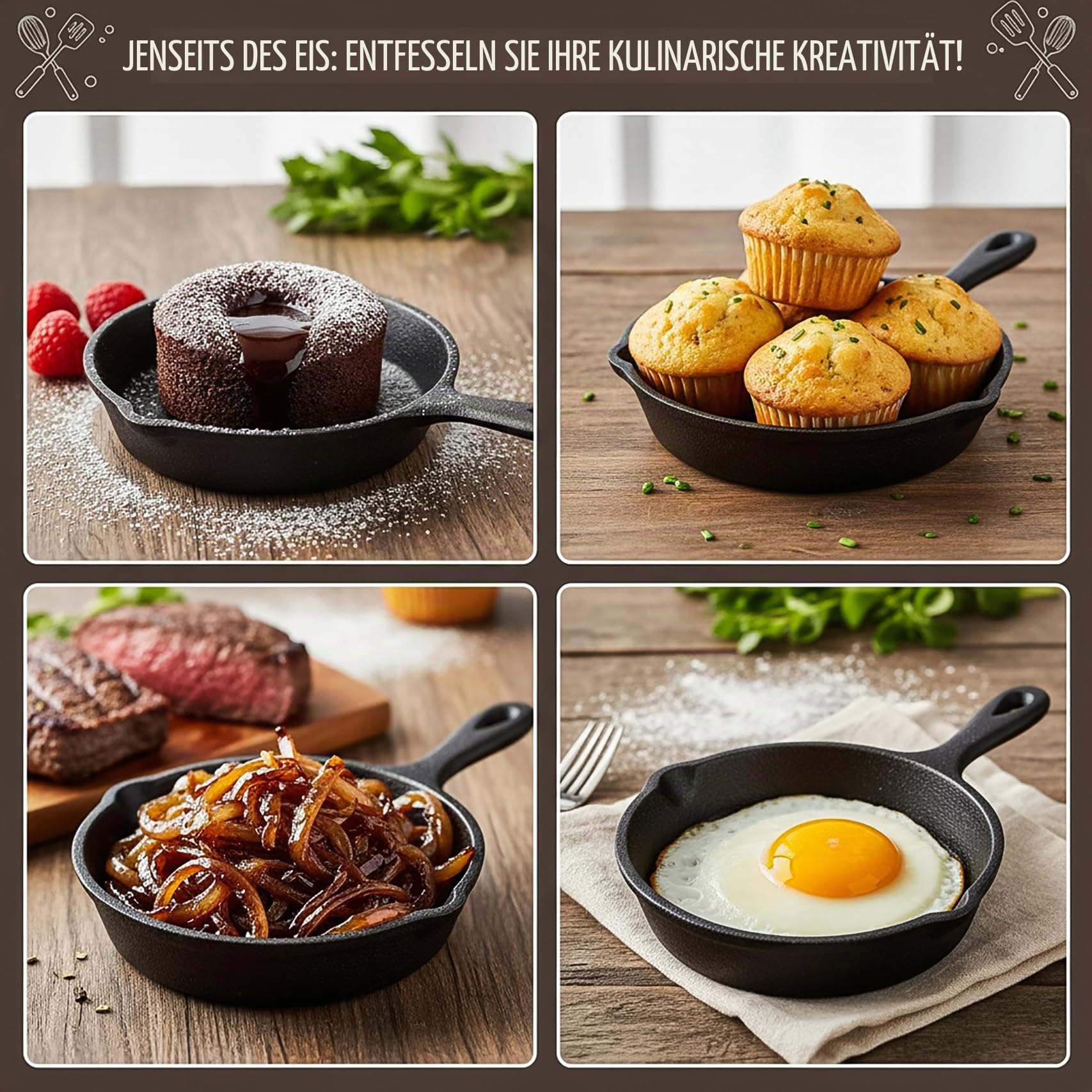 Hiceeden 4 Stück Mini-Gusseisen-Bratpfannen, 10cm kleine Bratpfannen mit doppelten Ausgießern für Herd, Backofen, Grillsicher, Innen- und Außenbereich, antihaftbeschichtet
