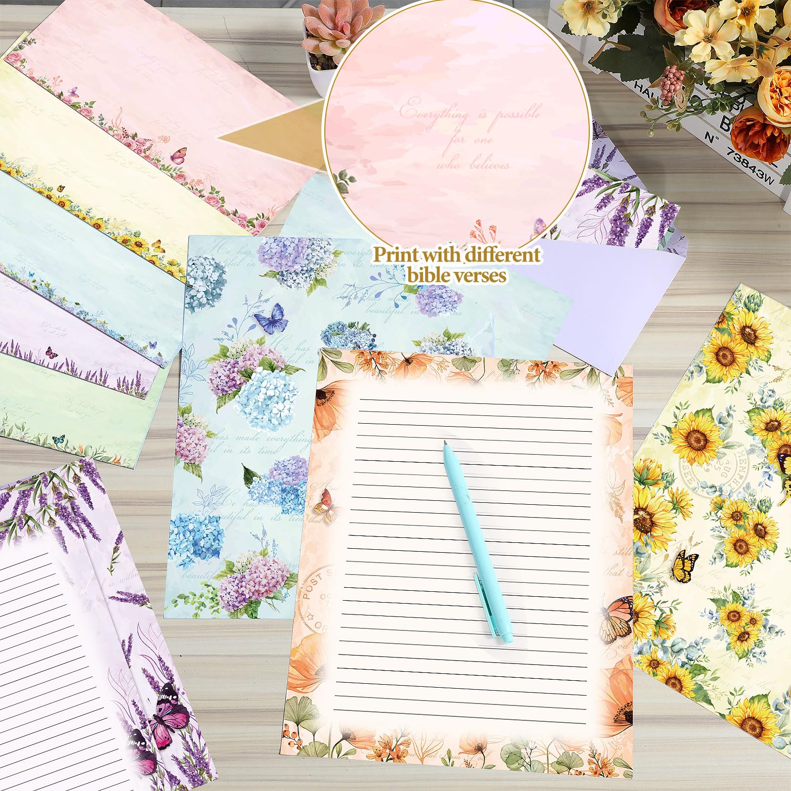 Funrous Juego de 90 piezas de papel estacionario y sobres, 60 hojas de papel de carta floral y 30 sobres, hoja de escritura rayada de 8.5 x 11 pulgadas para primavera, boda, vacaciones, fiestas