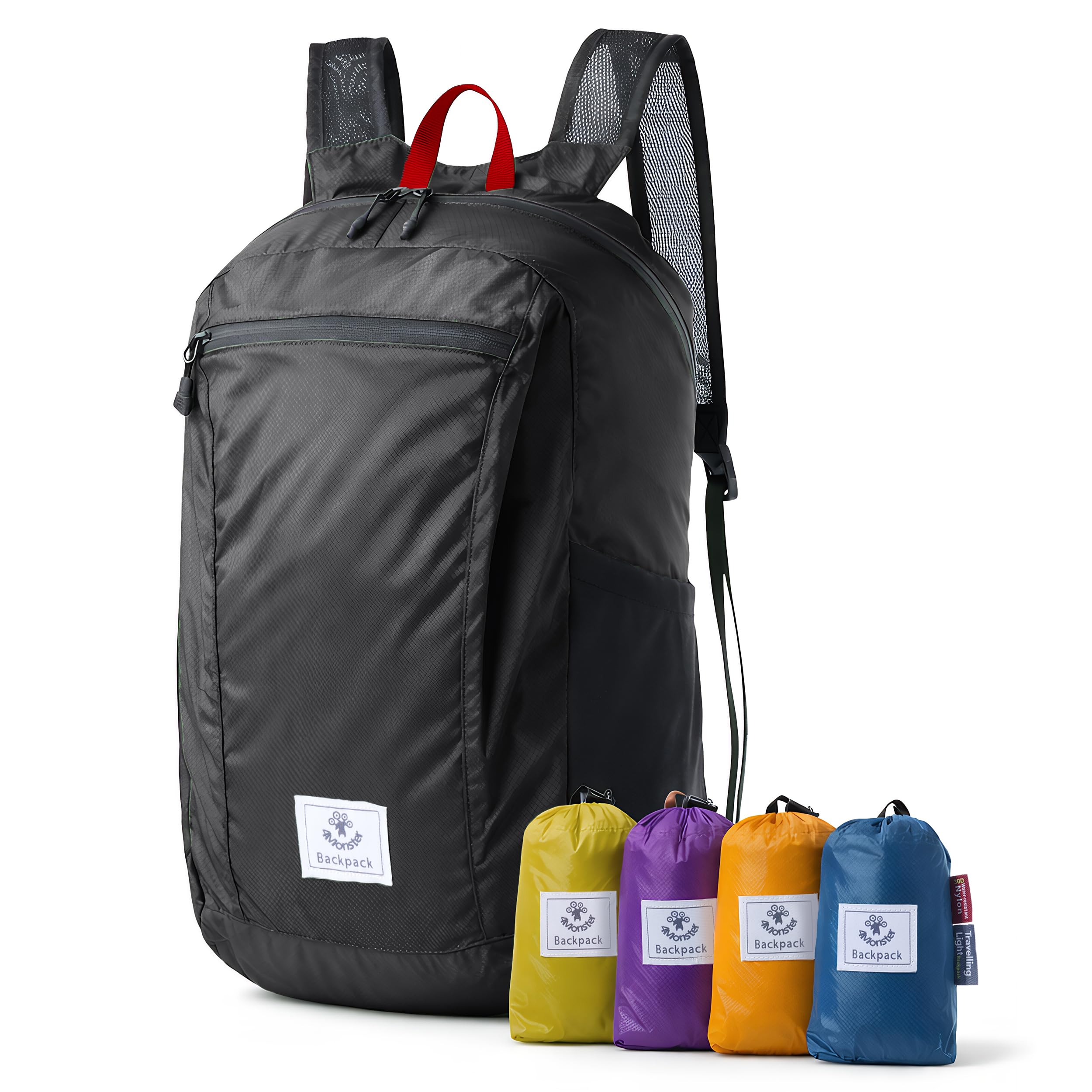 4Monster Unisex Black Packable Backpack Ultra Lightweight, Foldable Backpack Water Resistant, Hiking Daypack For Travel Camping Outdoor, Daily Walk-Around, Cycling, Sports, Excursions(, 16L)