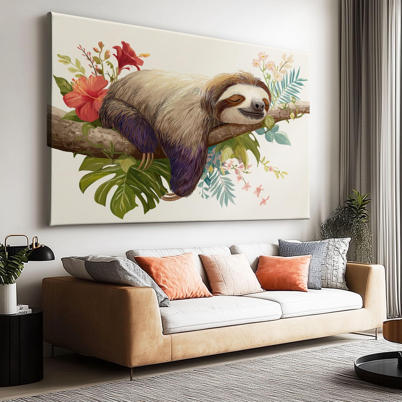 Generisch Leinwandbild mit Rahmen 120x60 cm Wohnzimmer Deko, Cartoon Tier Faultier Beige Modern Wandbild Kunstdruck auf Leinwand Bild Schlafzimmer über Bett Room Decor Geschenke