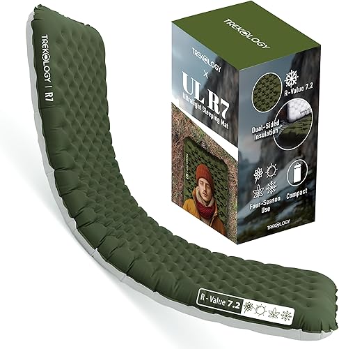 TREKOLOGY Colchoneta de dormir para campamento, ultraligera, de 4 pulgadas de grosor, con valor R 7.2 para todas las estaciones, compacta, duradera
