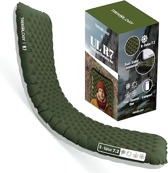 Camping Sleeping Pad by TREKOLOGY - Ultra Lightweight 4" Thick Camping Mat, 7.2R Value for All Seasons - Compact, Durable & Waterproof - Great for Backpacking, Hiking, Outdoor Adventures UL R7