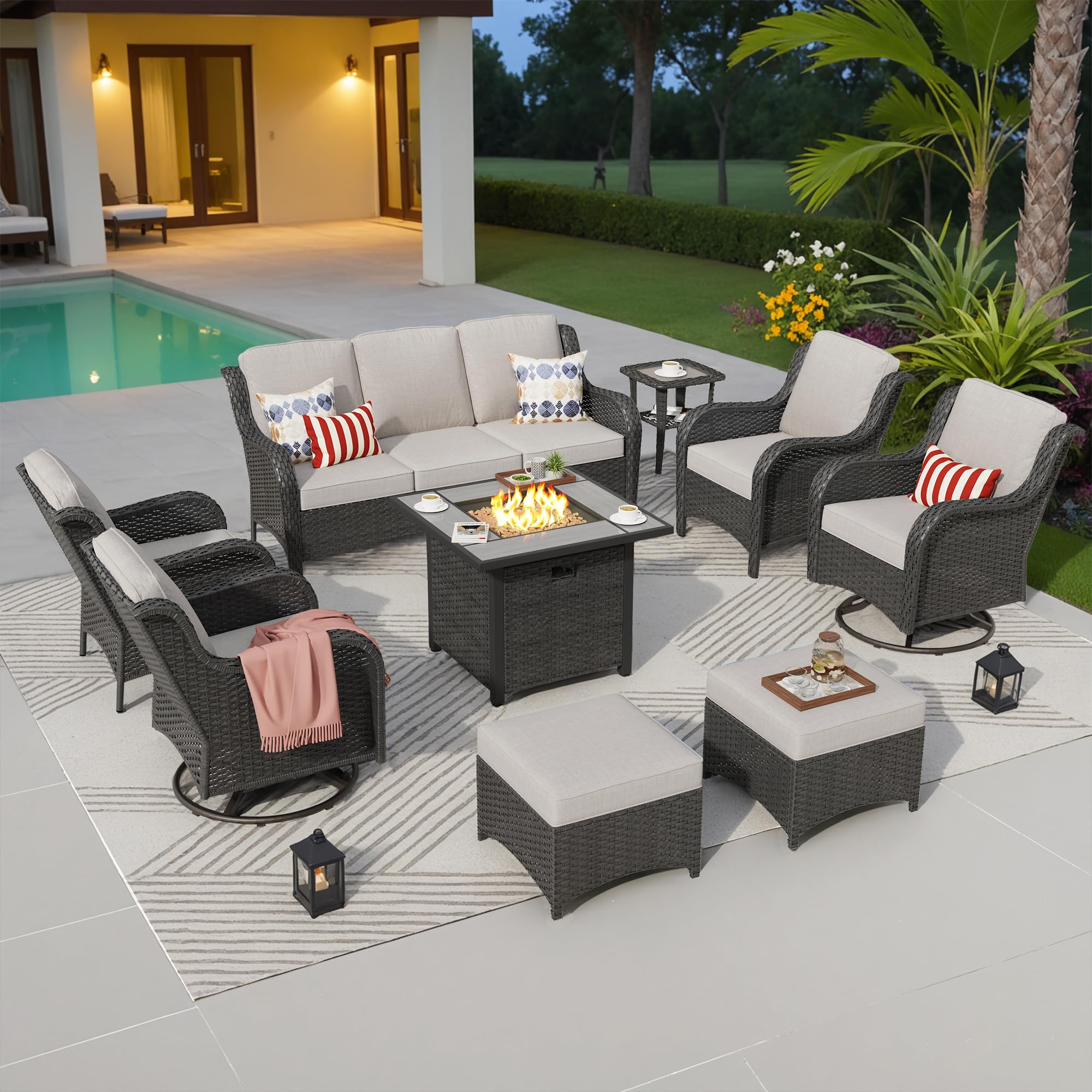 ovios 9 Pieces Patio Furniture Set with 30 inch Fire Pit Table, Outdoor Wicker Sofa Couch Swivel Rocking Glider Chairs, Modern Luxury Conversation Set, Brown Wicker, Beige