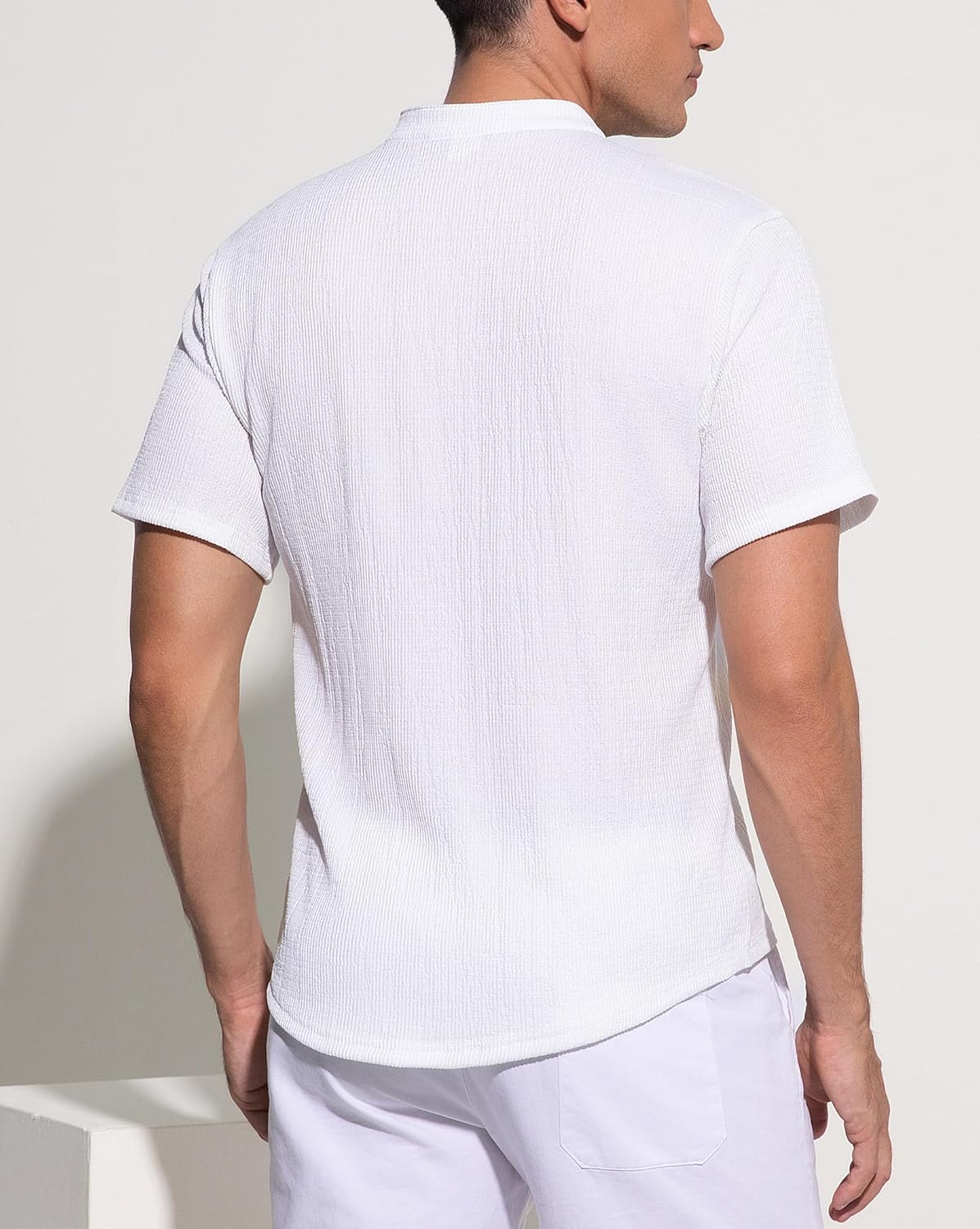 Mens Henley Shirts Casual Short Sleeve Band Collar Shirt Button Vacation T Shirts - Image 3