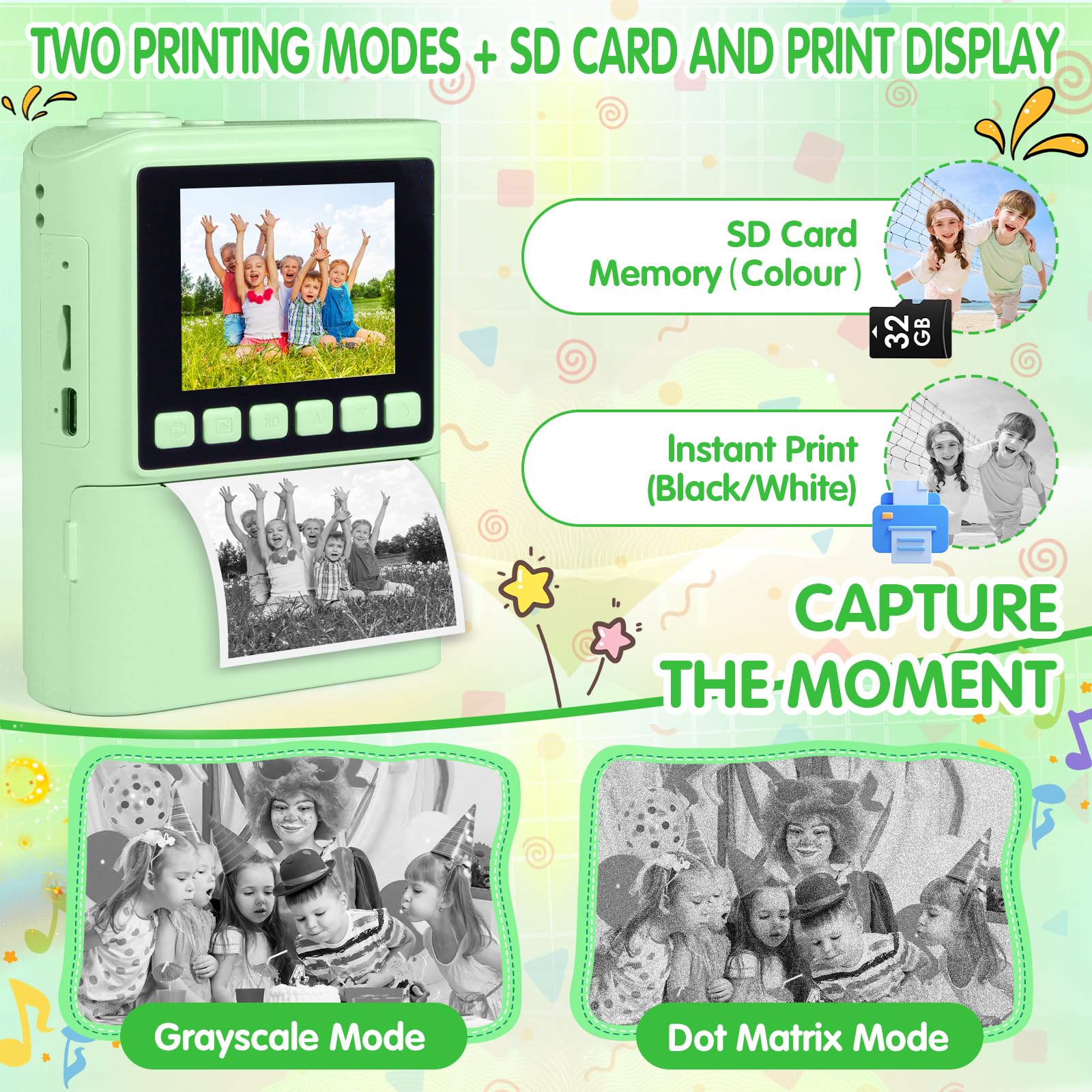 Camara Fotos Infantil Instantanea,1080P Camara Fotos Infantil,2,4 Pulgada con Tarjeta de 32GB y Papel Fotografia,Juguete Cámara Instantánea Regalos para Niños y Niñas de 3-12 Años