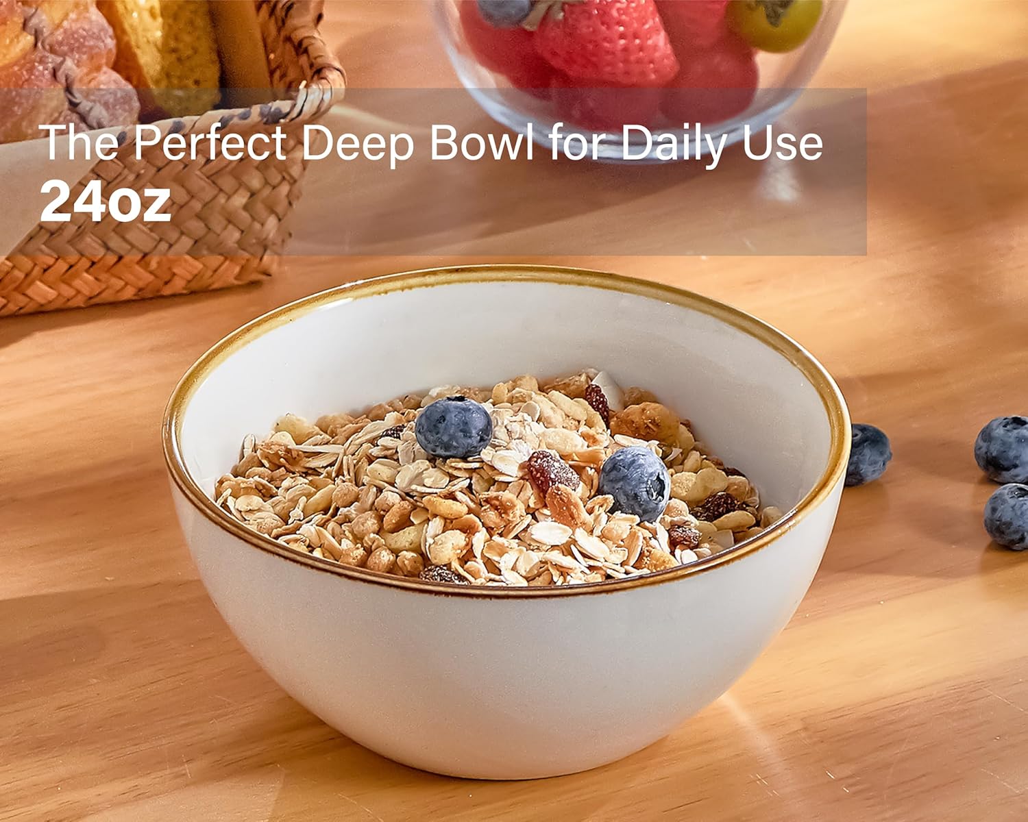 ONEMORE Ceramic Bowl Set of 6, 24 oz Soup Bowl Cereal Bowls with Brown Rim, Serving Bowls for Salad Snack Fruit Rice- Microwave Dishwasher and Oven Safe, Scratch Resistant - Cream White