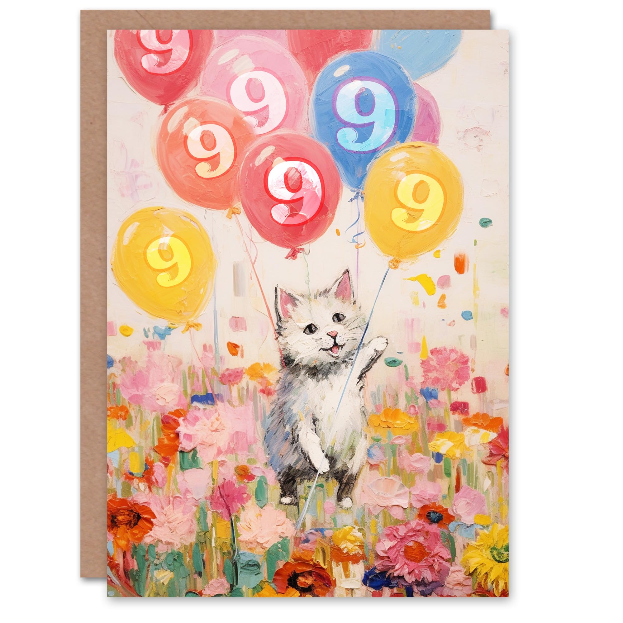 Artery8 9th Birthday Greeting Card Flowers Kitty Cat Balloons Kids Age 9 Year Old Child