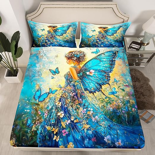 Butterfly Fairy Fitted Sheet Full Size,Colorful Daisy