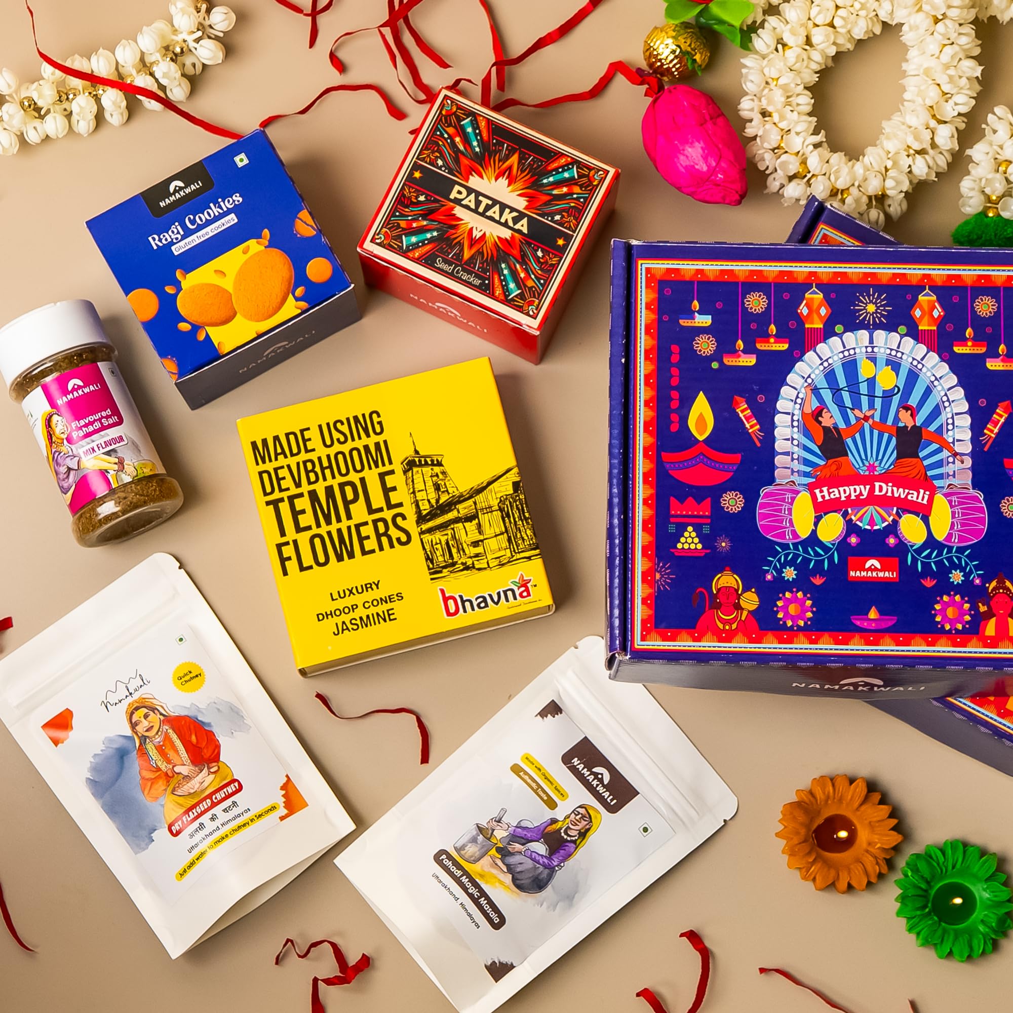 Namakwali Premium Diwali Gift Box – Gluten-Free Ragi Cookies (6 pcs), Organic Dhoop Batti (40 pcs), Plantable Crackers (2 pcs), Pahadi Flavoured Salt Mix (70g), Pahadi Magic Masala (50g), Instant Flaxseed Chutney Powder (50g), Beeswax Scented Candles (2 pcs) – Best Diwali Gift Hamper-image-15